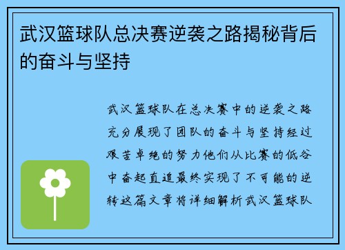 武汉篮球队总决赛逆袭之路揭秘背后的奋斗与坚持