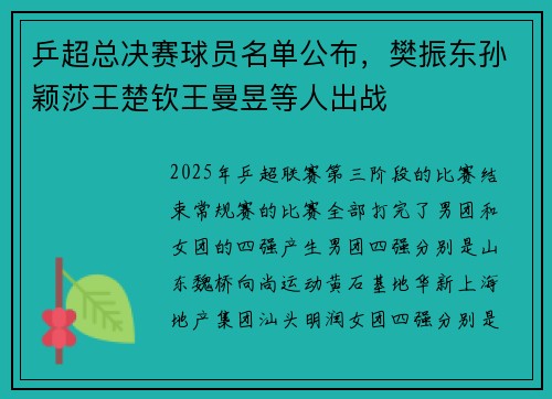 乒超总决赛球员名单公布，樊振东孙颖莎王楚钦王曼昱等人出战